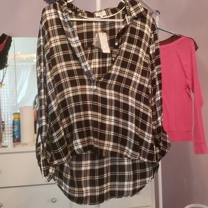 Crown & Ivey Black and White Plaid High-Low Shirt